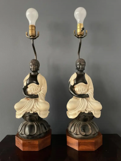  Chapman Mfg Co Chapman Pair Ceramic Table Lamps of Sitting Buddhas on Rosewood Base Mid Century - 2527852