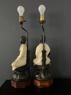  Chapman Mfg Co Chapman Pair Ceramic Table Lamps of Sitting Buddhas on Rosewood Base Mid Century - 2527870