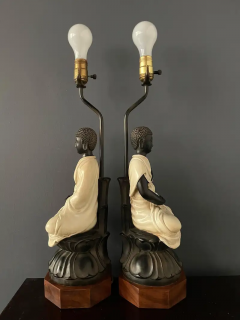  Chapman Mfg Co Chapman Pair Ceramic Table Lamps of Sitting Buddhas on Rosewood Base Mid Century - 2527875