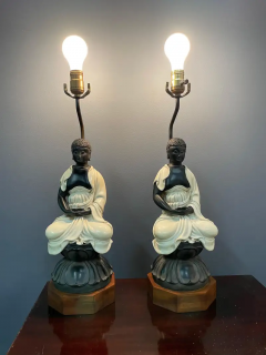  Chapman Mfg Co Chapman Pair Ceramic Table Lamps of Sitting Buddhas on Rosewood Base Mid Century - 2527920