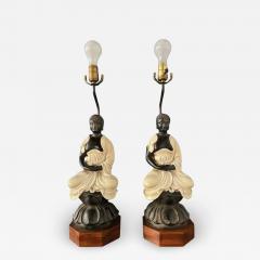  Chapman Mfg Co Chapman Pair Ceramic Table Lamps of Sitting Buddhas on Rosewood Base Mid Century - 2530284