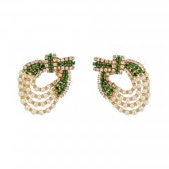  Chaumet PLATINUM 18K YELLOW GOLD DIAMOND PEARL AND GREEN EMERALD CLIP EARRINGS - 3371746