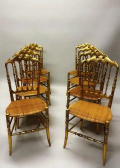  Chiavari Set of 8 Italian Modern Neoclassical Dining Chairs in Carved Gilt Wood Rattan - 4112269