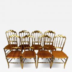  Chiavari Set of 8 Italian Modern Neoclassical Dining Chairs in Carved Gilt Wood Rattan - 4123523