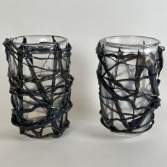  Costantini Murano Late 20th Century Pair of Iridescent Murano Glass w Black Applications Vases - 3364122
