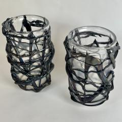  Costantini Murano Late 20th Century Pair of Iridescent Murano Glass w Black Applications Vases - 3364124