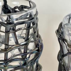  Costantini Murano Late 20th Century Pair of Iridescent Murano Glass w Black Applications Vases - 3364127