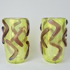  Costantini Murano Late 20th Century Pair of Lemon Yellow w Purple Applications Murano Glass Vases - 4618106
