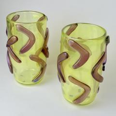  Costantini Murano Late 20th Century Pair of Lemon Yellow w Purple Applications Murano Glass Vases - 4618107