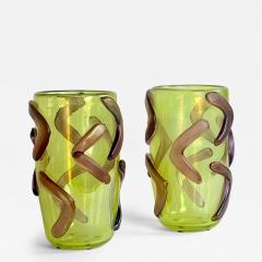  Costantini Murano Late 20th Century Pair of Lemon Yellow w Purple Applications Murano Glass Vases - 4618707