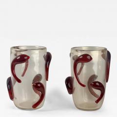  Costantini Murano Late 20th Century Pair of Transparent Murano Art Glass w Red Applications Vases - 3783427