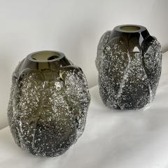  Costantini Murano Pair of Vintage Brown Murano Art Glass Vases W Transparent Frozen Speckles - 2717633