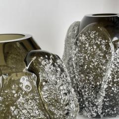  Costantini Murano Pair of Vintage Brown Murano Art Glass Vases W Transparent Frozen Speckles - 2717634