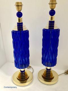  Cosulich Interiors Antiques Contemporary Italian Pair of Brass and Cobalt Blue Murano Glass Table Lamps - 693658