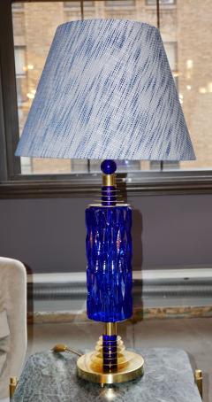  Cosulich Interiors Antiques Contemporary Italian Pair of Brass and Cobalt Blue Murano Glass Table Lamps - 693666