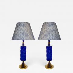  Cosulich Interiors Antiques Contemporary Italian Pair of Brass and Cobalt Blue Murano Glass Table Lamps - 694050