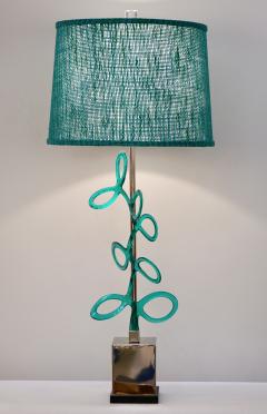  Cosulich Interiors Antiques Italian Pair of Silver Color Nickel Lamps with Aqua Blue Murano Glass Swirls - 710281