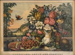  Currier and Ives ANTIQUE LANDSCAPE FRUIT AND FLOWERS EARLY BRIGHTLY COLORED PRINT - 4495294