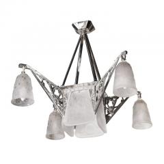  Daum Daum Nancy Art Deco Four Arm Frosted Glass Nickeled Bronze Chandelier by Daum Nancy - 3197782