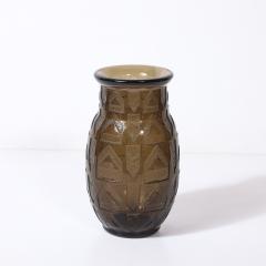  Daum Daum Nancy Art Deco signed Daum Acid Etched Smoked Glass Vase w Geometric Motif - 4792623