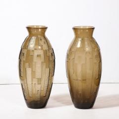  Daum Daum Nancy Pair of Art Deco Totem Form Vases in Acid Etched Smoked Geometric Glass by Daum - 3276384