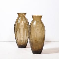  Daum Daum Nancy Pair of Art Deco Totem Form Vases in Acid Etched Smoked Geometric Glass by Daum - 3276529