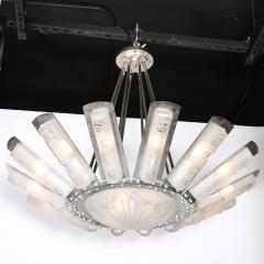  Degu Art Deco Geometric Frosted Glass Nickeled Starburst Chandelier signed Degu  - 4653695