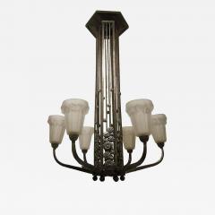  Degu French Art Deco Wrought Iron Chandelier Signed by Degue - 4091310