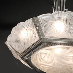  Degu Pair of Art Deco Hexagonal Frosted Glass Nickeled Bronze Chandeliers by Degue - 4622358