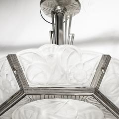  Degu Pair of Art Deco Hexagonal Frosted Glass Nickeled Bronze Chandeliers by Degue - 4622371