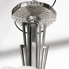 Degu Pair of Art Deco Hexagonal Frosted Glass Nickeled Bronze Chandeliers by Degue - 4622375