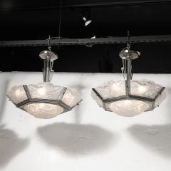  Degu Pair of Art Deco Hexagonal Frosted Glass Nickeled Bronze Chandeliers by Degue - 4622379