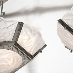  Degu Pair of Art Deco Hexagonal Frosted Glass Nickeled Bronze Chandeliers by Degue - 4622400