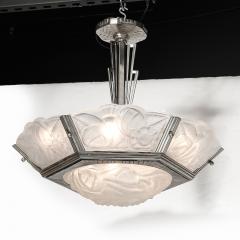  Degu Pair of Art Deco Hexagonal Frosted Glass Nickeled Bronze Chandeliers by Degue - 4622404