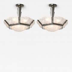  Degu Pair of Art Deco Hexagonal Frosted Glass Nickeled Bronze Chandeliers by Degue - 4623491
