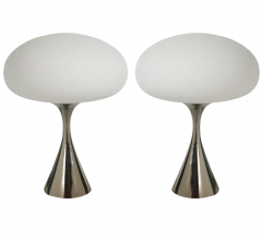  Design Line Pair of Mid Century Modern Table Lamps by Designline in Chrome White Glass - 2649901