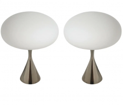  Design Line Pair of Mid Century Modern Table Lamps by Designline in Chrome White Glass - 2649913