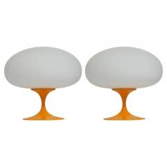  Design Line Pair of Mid Century Tulip Table Lamps by Designline in Orange on White Glass - 3294243