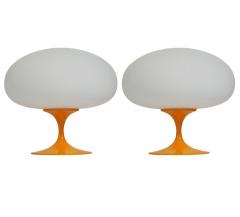  Design Line Pair of Mid Century Tulip Table Lamps by Designline in Orange on White Glass - 3536385
