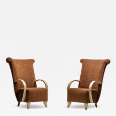  Directional Pair of High Back Directional Armchairs in Caf Boucl with Bleached Wood Arms - 4334714