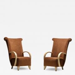  Directional Pair of High Back Directional Armchairs in Caf Boucl with Bleached Wood Arms - 4344388