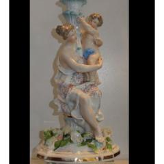  Dresden Porcelain Antique Hand Painted Dresden German Porcelain Figural Lamp W Maiden Putti - 1734666