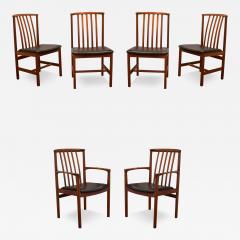  Dux of Sweden Rare 1960s Set of 6 DUX Dining Chairs 2 Arm 4 Side Walnut Black Leather - 4034133