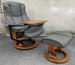  Ekornes Stressless Pair Ekornes Stressless Adjustable Slate Leather Recliners Tray Table Ottomans - 3114116