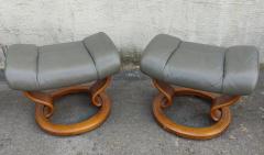  Ekornes Stressless Pair Ekornes Stressless Adjustable Slate Leather Recliners Tray Table Ottomans - 3114219