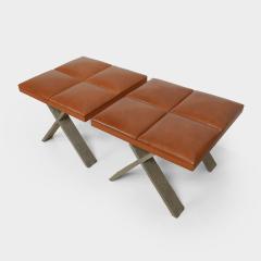  Elitis Furniture PAIR OF CARACALLA Ottomans in aluminium and tan leather 2004  - 4473336