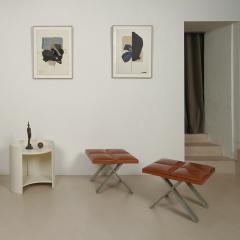  Elitis Furniture PAIR OF CARACALLA Ottomans in aluminium and tan leather 2004  - 4473348