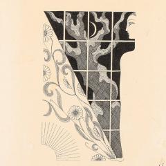  Ert Art Deco Woman and Window Pen Ink Drawing on Paper signed Ert  - 4163538