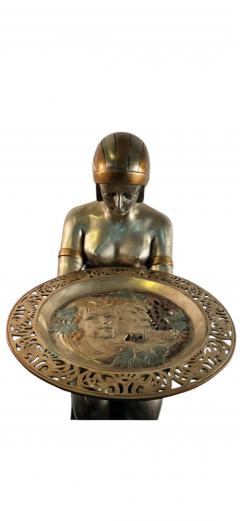  Ert POLYCHROMED ART DECO REVIVAL DRAPED NUDE DECORATED TRAY BRONZE ON MARBLE STAND - 4409714