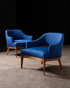  Erwin Lambeth Erwin Lambeth Open Back Lounge Chairs in Raw Blue Silk with Walnut Frames 1960s - 3568082